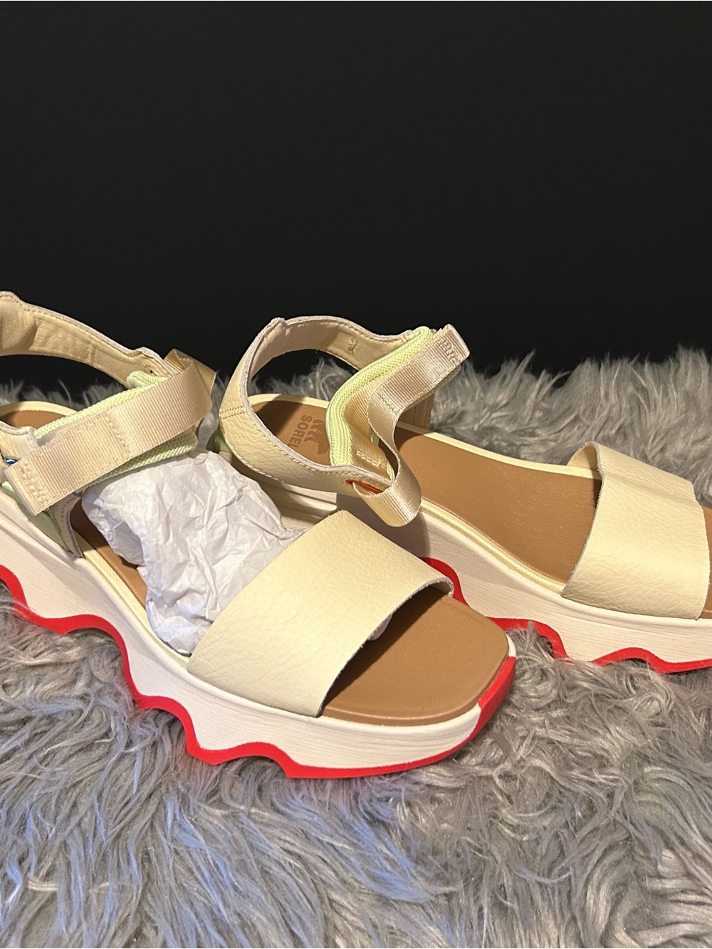 Sorel Cream Platform Sandals with Red Outsole Trim
